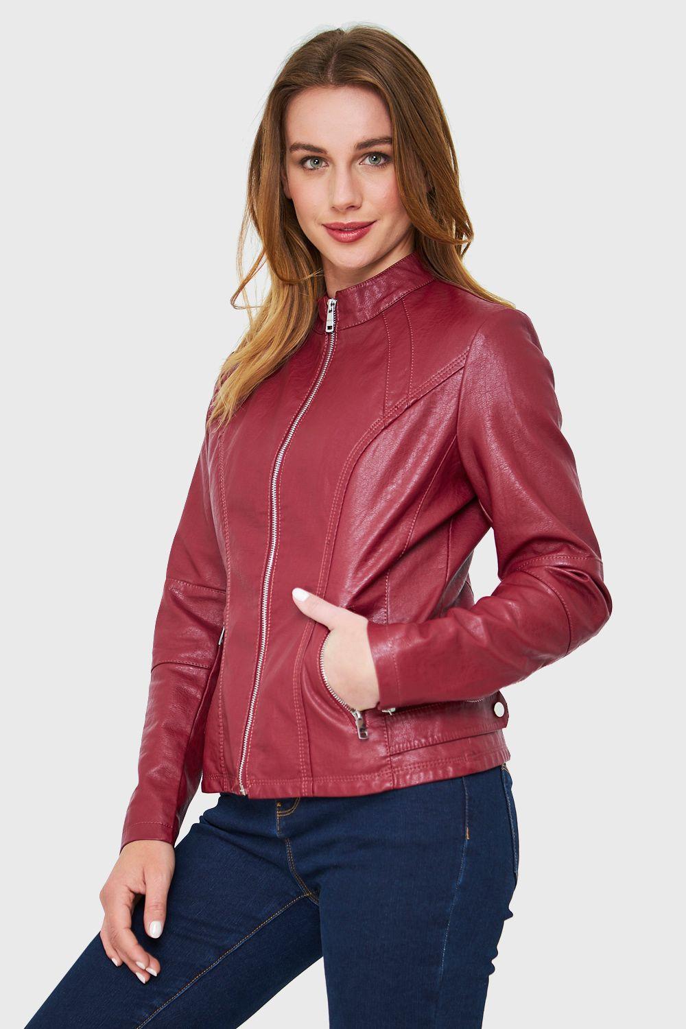 Chaqueta Cuello Mao Ecocuero Burdeos Nicopoly-2