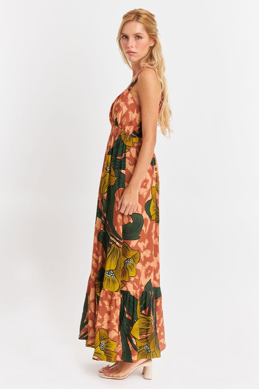 Vestido Cintura Elasticada Flores Naranja Nicopoly-2