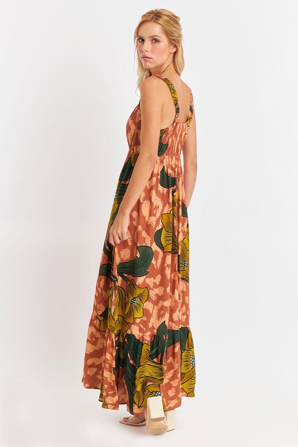 Vestido Cintura Elasticada Flores Naranja Nicopoly-3