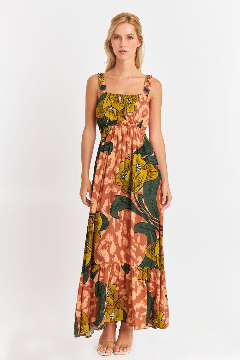 Vestido Cintura Elasticada Flores Naranja Nicopoly-4