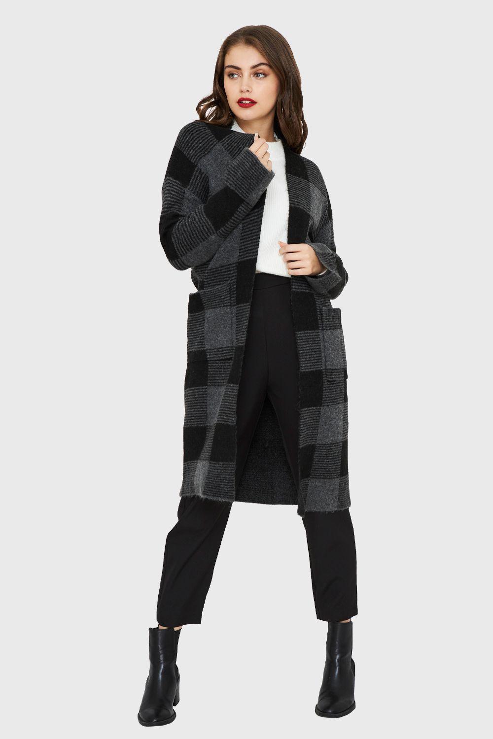 Cárdigan Largo Cuadros Grafito Nicopoly-1
