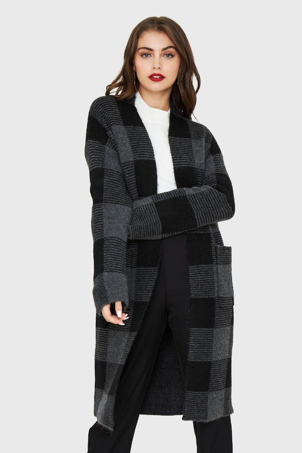 Cárdigan Largo Cuadros Grafito Nicopoly-0
