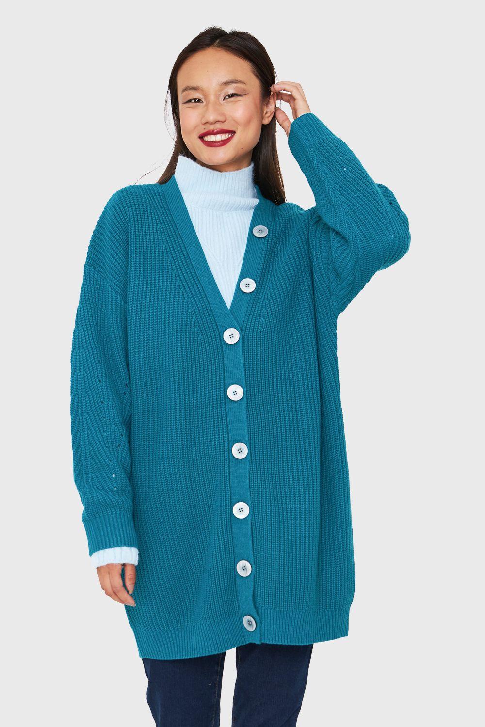 Cárdigan Básico Oversize Azul Petróleo Nicopoly-4