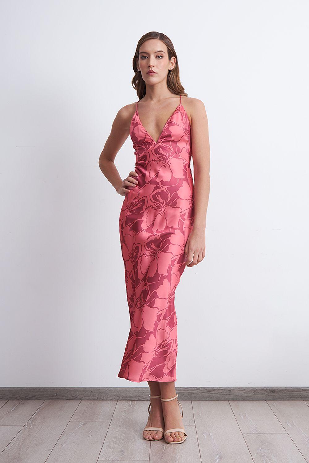 Vestido Tipo Satín Flores Rosado Nicopoly-1