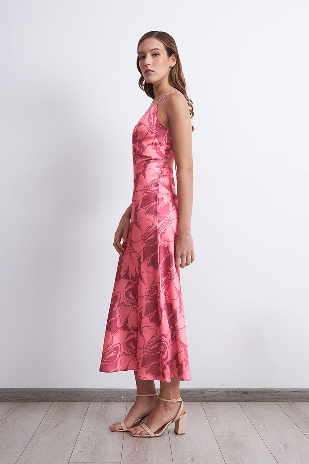 Vestido Tipo Satín Flores Rosado Nicopoly-2