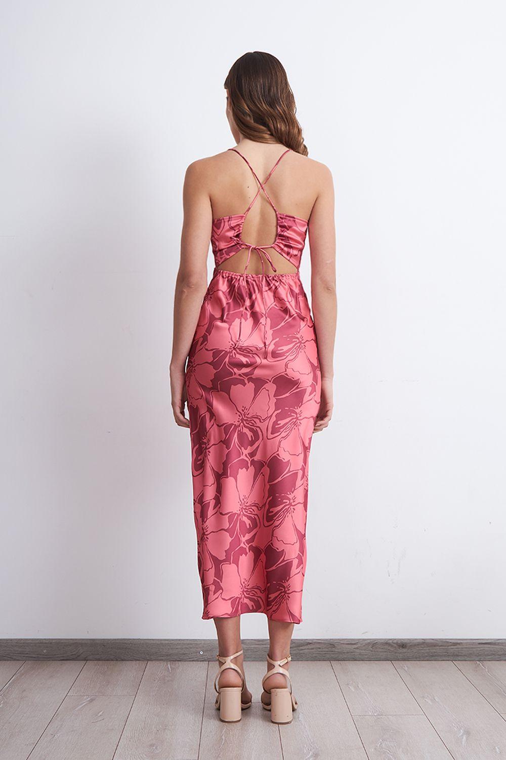Vestido Tipo Satín Flores Rosado Nicopoly-3