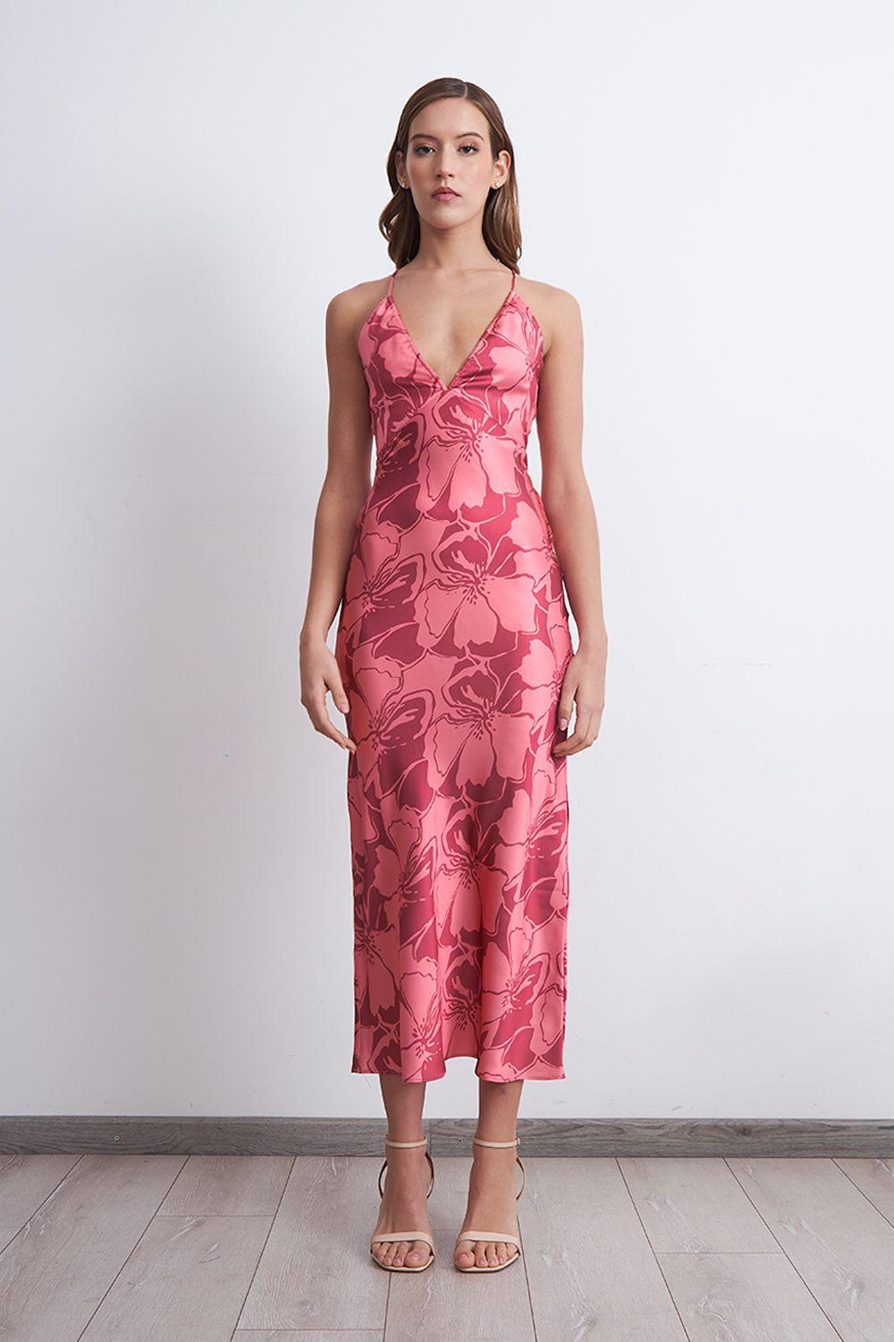 Vestido Tipo Satín Flores Rosado Nicopoly-4