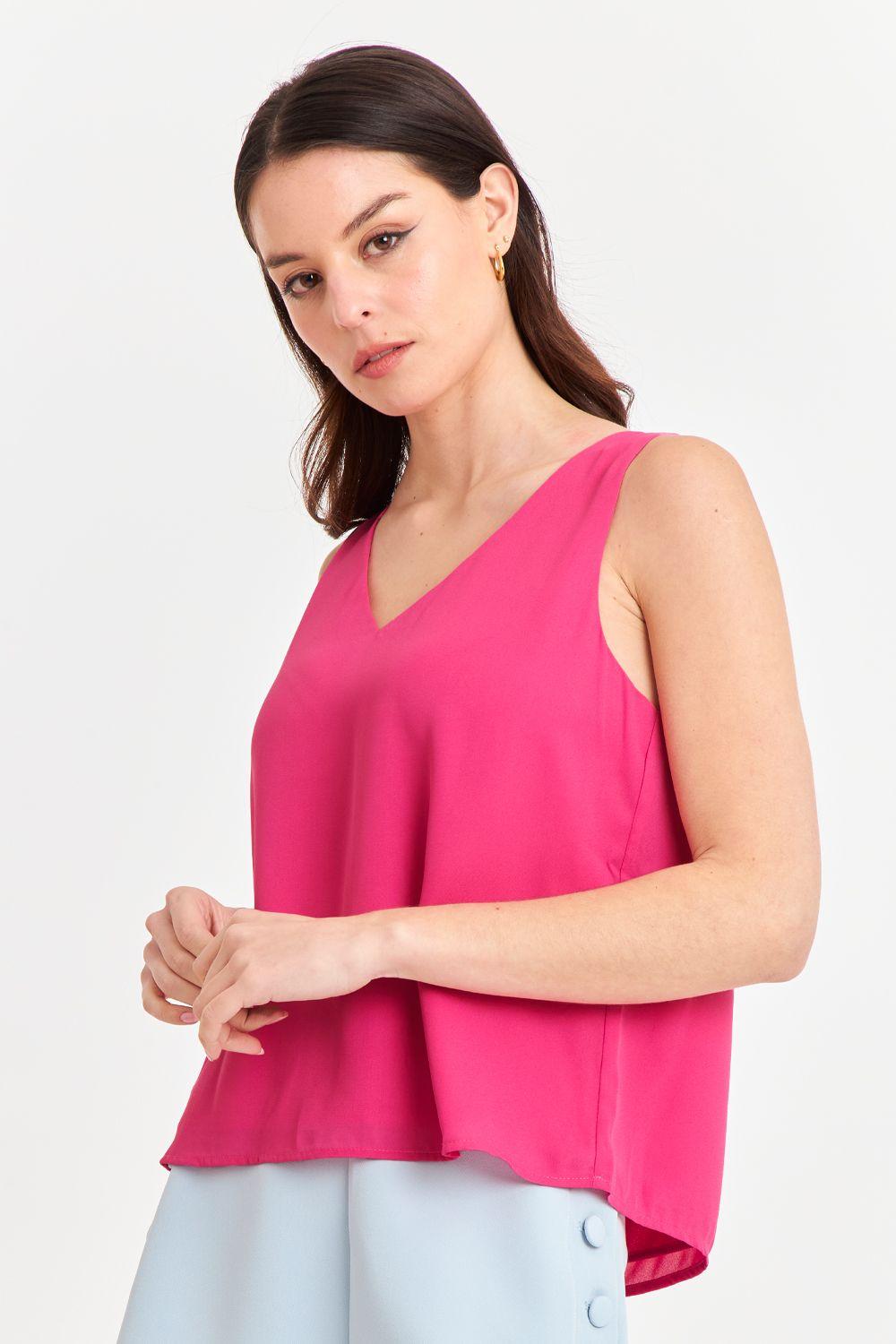 Blusa Básica Escote en V Rosado Nicopoly-0