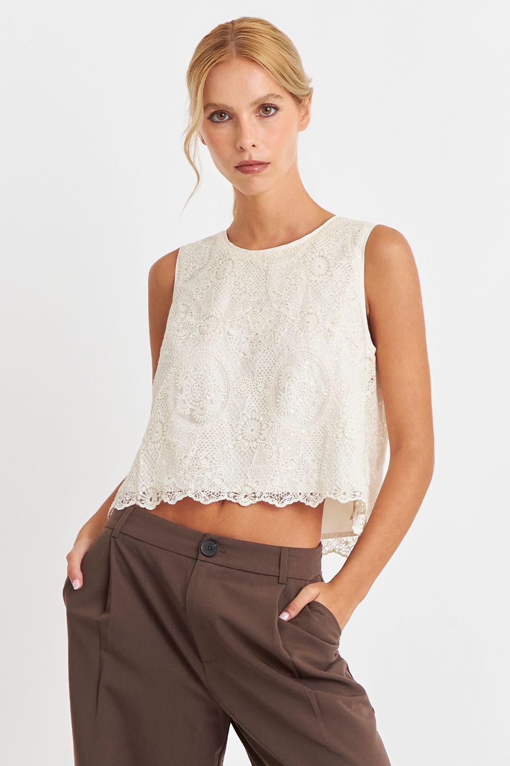 Blusa Encaje Detalle Lentejuelas Blanco Nicopoly-0