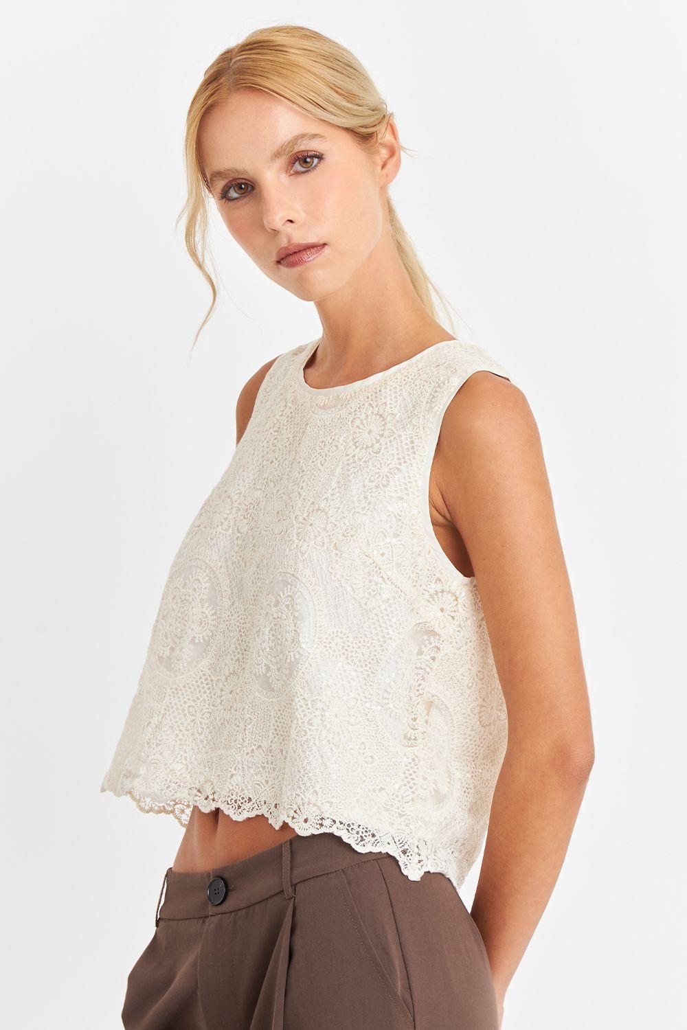 Blusa Encaje Detalle Lentejuelas Blanco Nicopoly-2