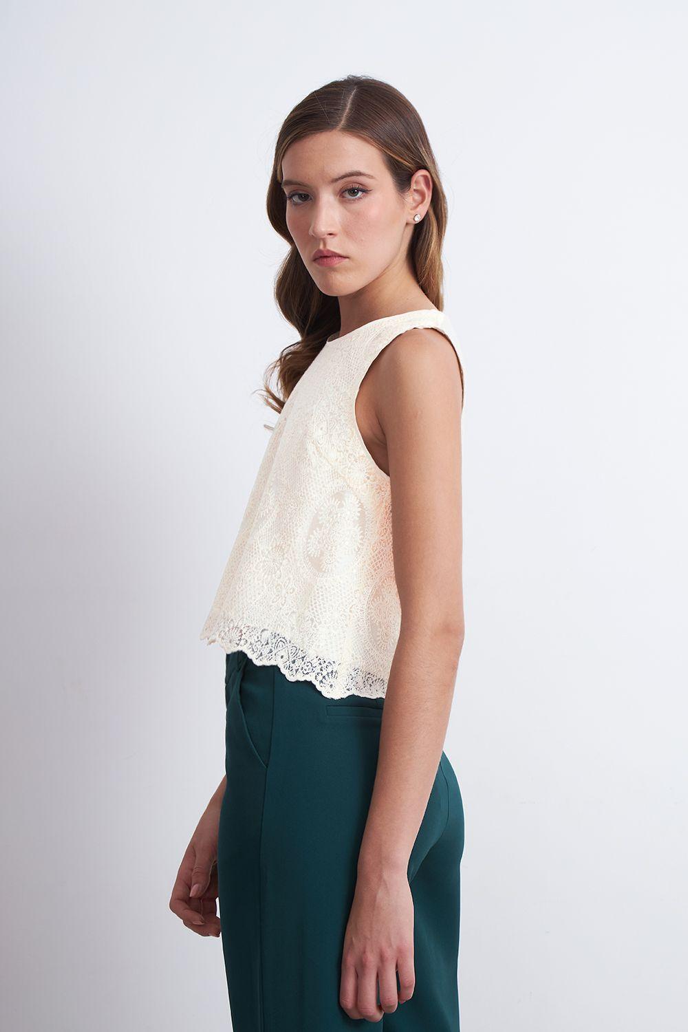 Blusa Encaje Detalle Lentejuelas Blanco Nicopoly-2