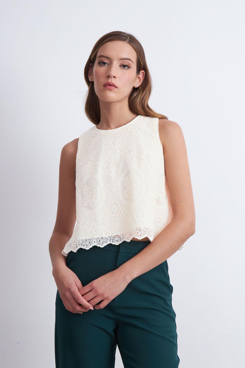 Blusa Encaje Detalle Lentejuelas Blanco Nicopoly-4
