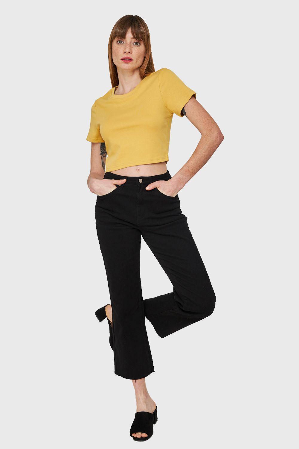 Polera Crop Básica Manga Corta Amarillo Nicopoly-1