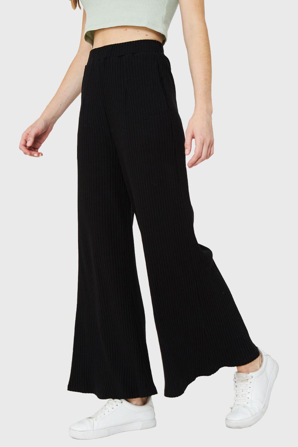 Pantalón Palazzo Acanalado Negro Nicopoly-0