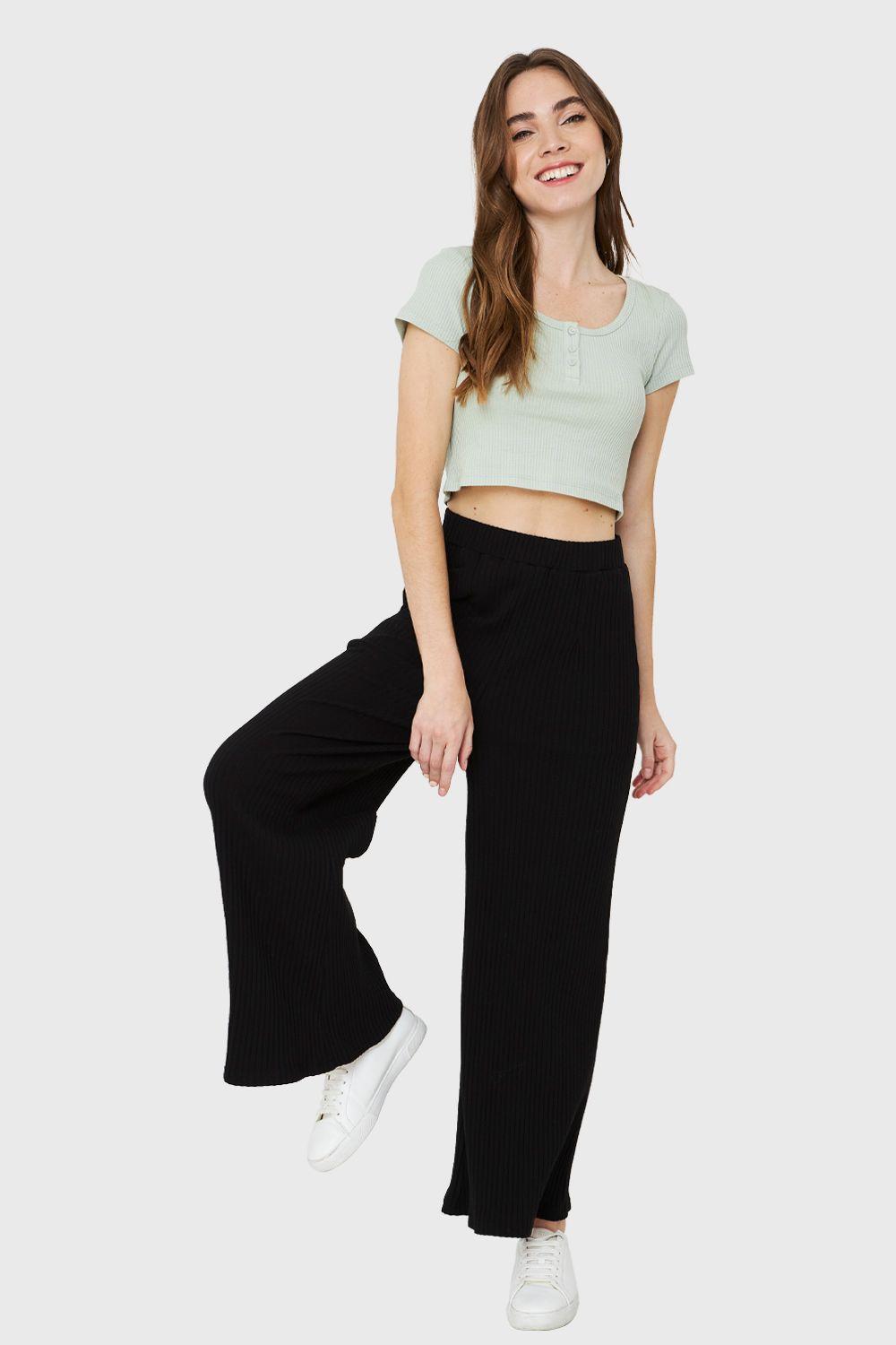 Pantalón Palazzo Acanalado Negro Nicopoly-1