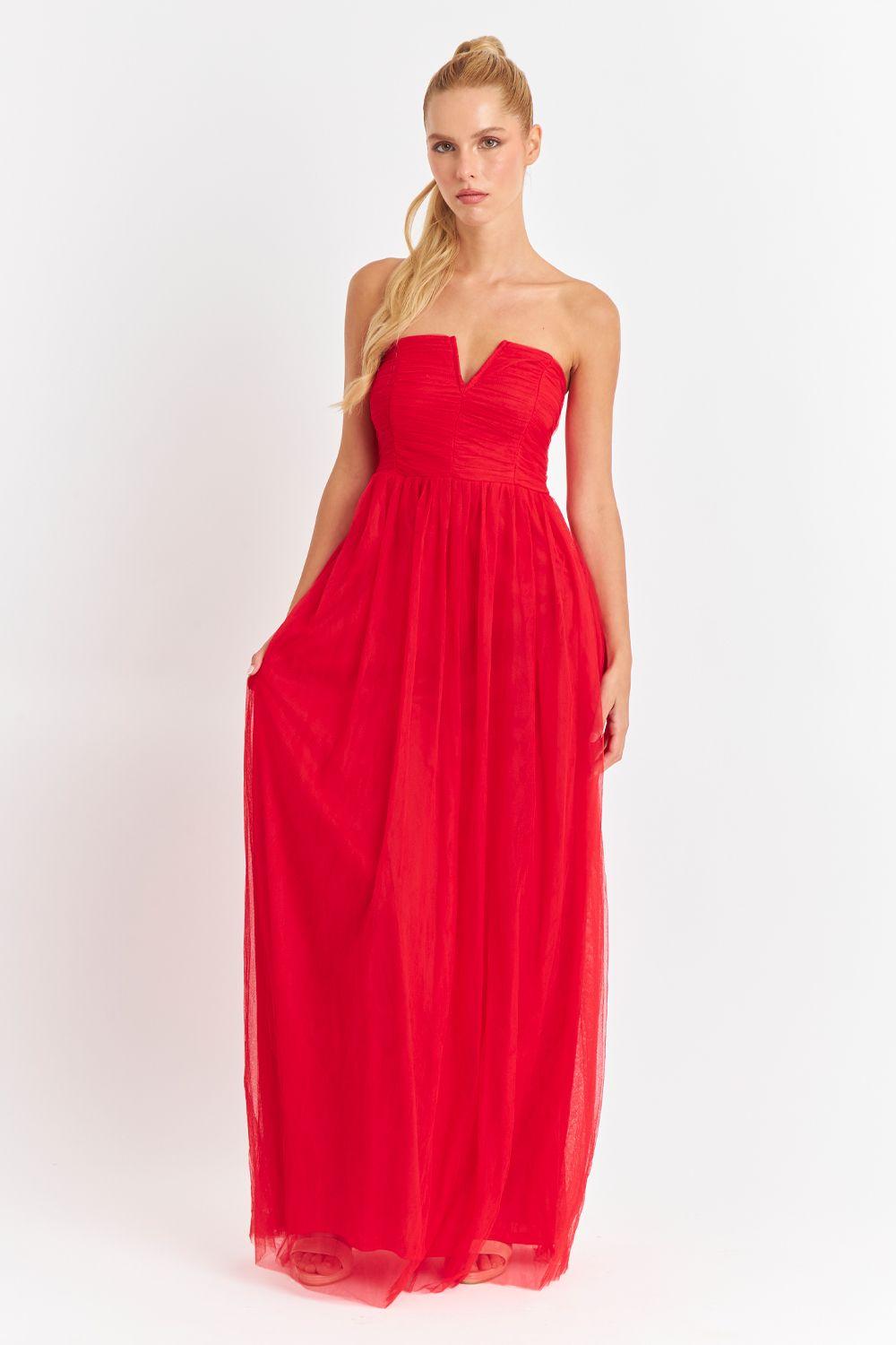 Vestido Strapless y Escote V Rojo Nicopoly-0
