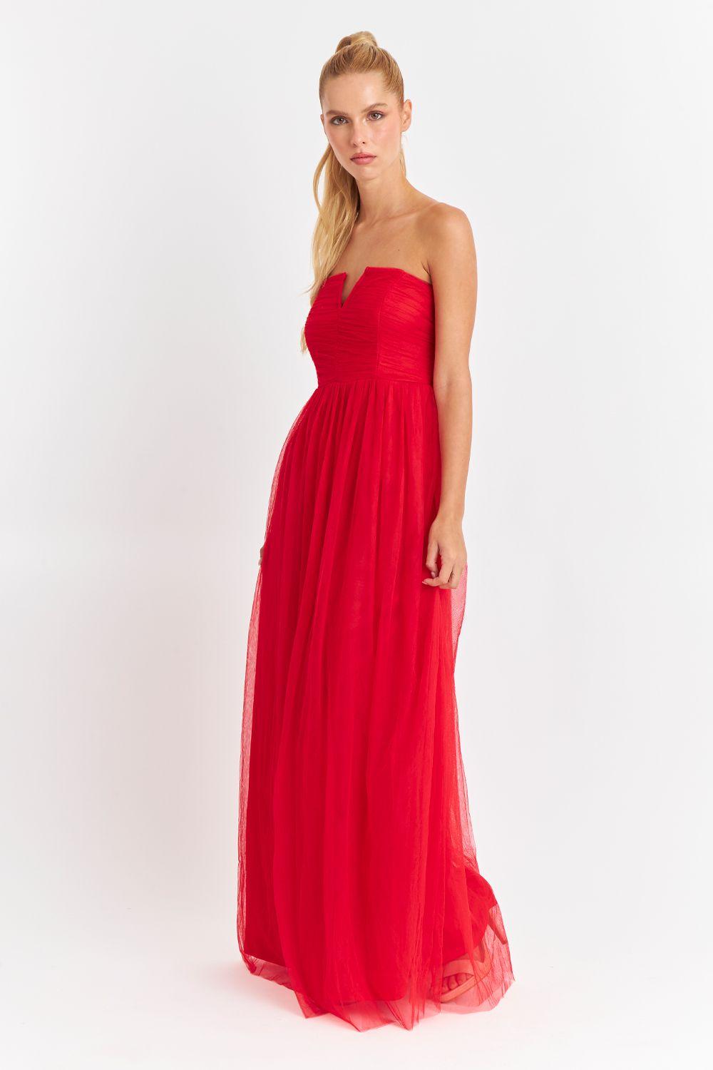 Vestido Strapless y Escote V Rojo Nicopoly-4
