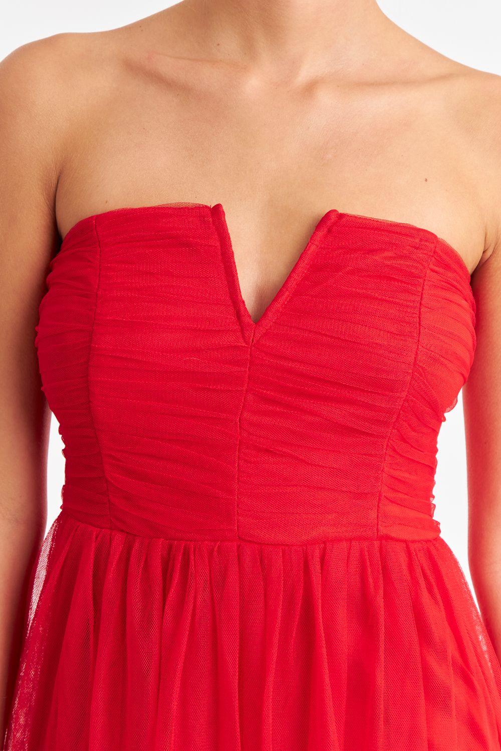 Vestido Strapless y Escote V Rojo Nicopoly-5