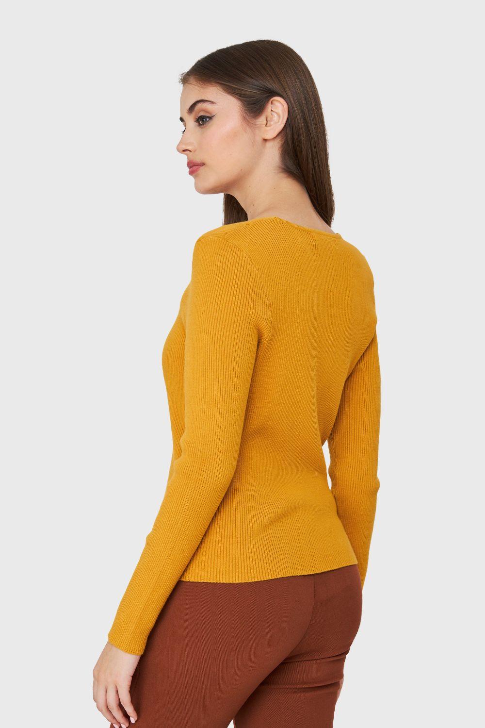 Sweater De Punto Acanalada V Mostaza Nicopoly-3
