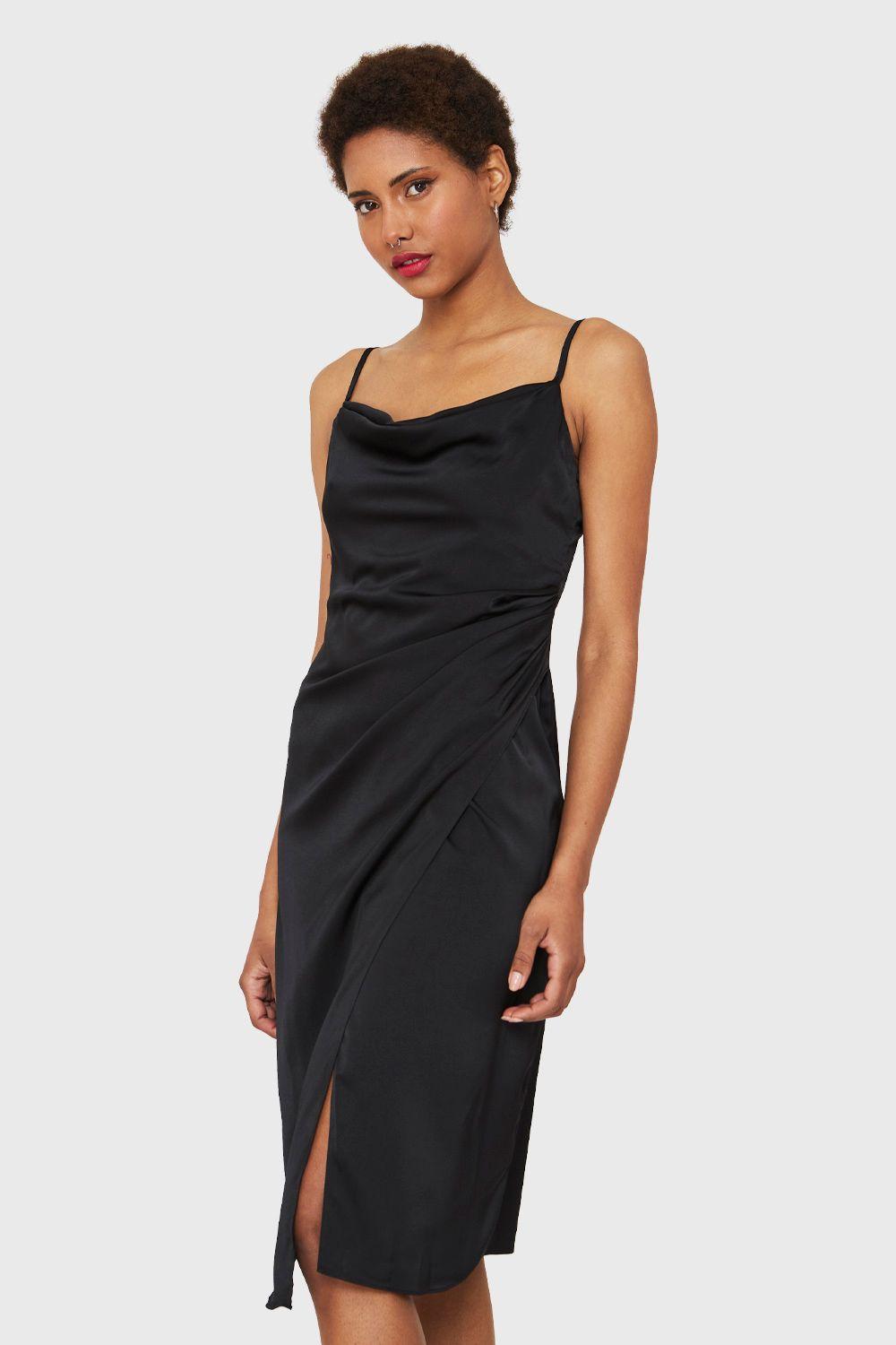 Vestido Tipo Satín Detalles Drapeados Negro Nicopoly-2