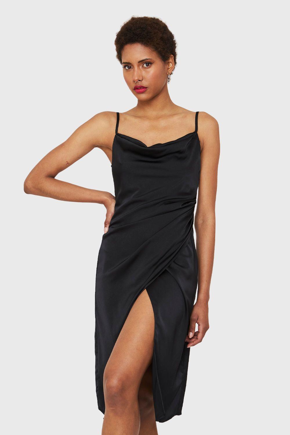 Vestido Tipo Satín Detalles Drapeados Negro Nicopoly-0