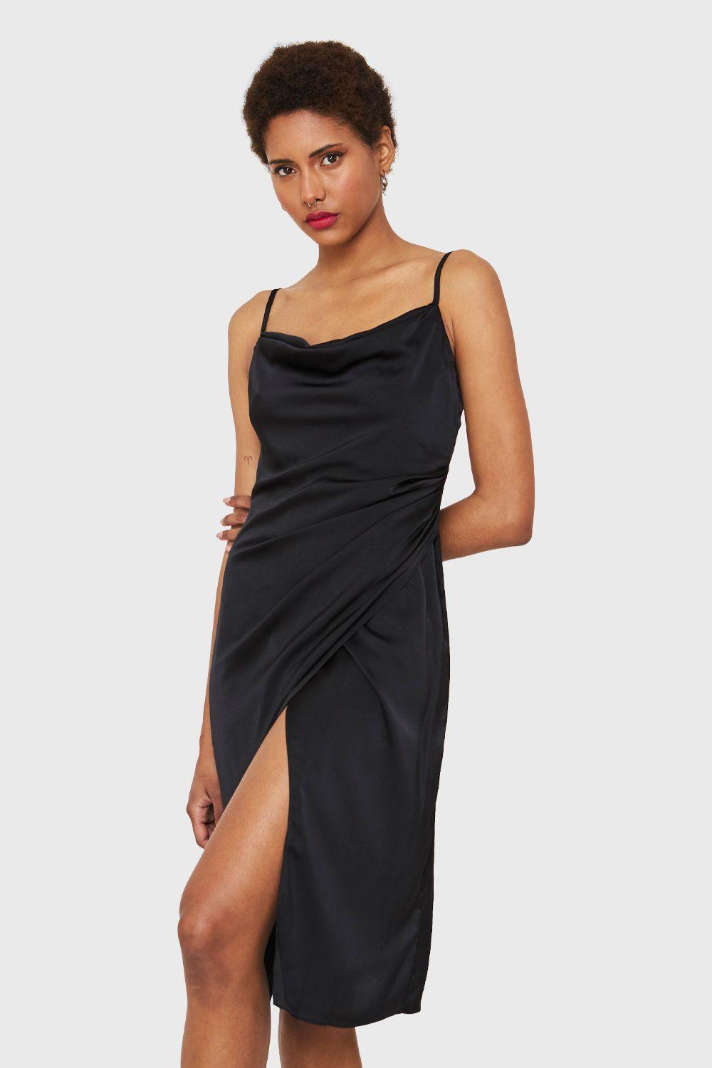 Vestido Tipo Satín Detalles Drapeados Negro Nicopoly-4
