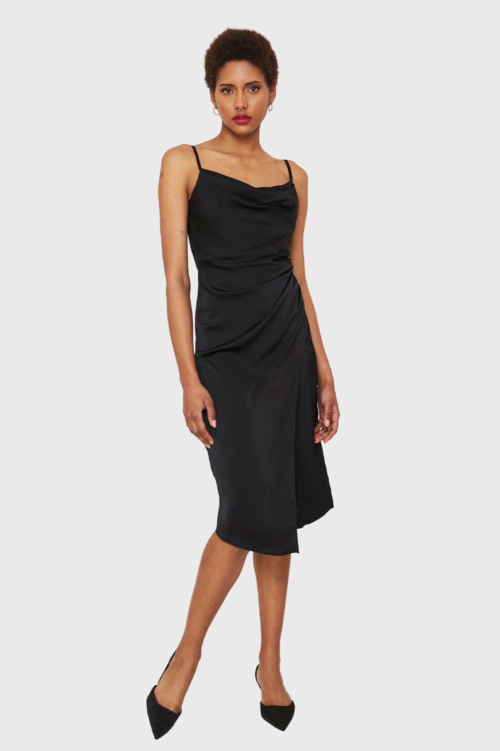 Vestido Tipo Satín Detalles Drapeados Negro Nicopoly-1