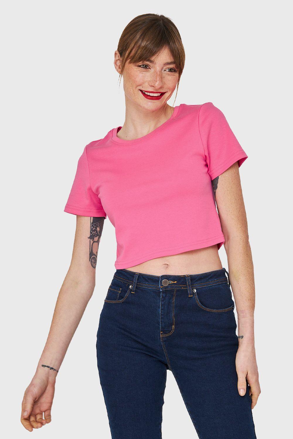 Polera Crop Básica Manga Corta Fucsia Nicopoly-0