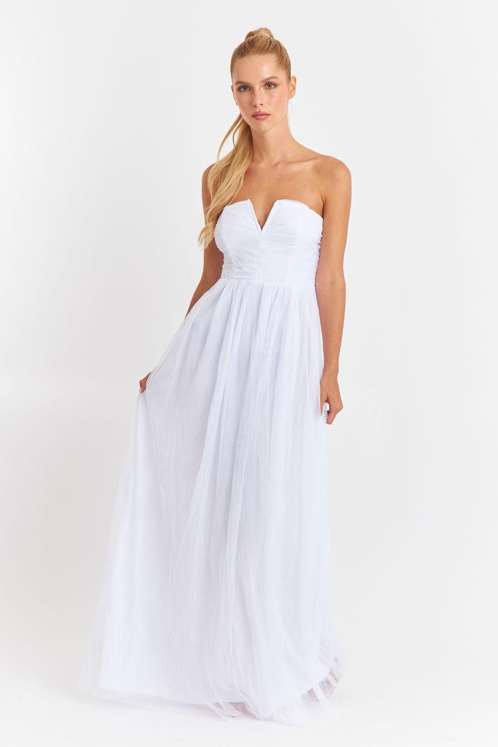 Vestido Strapless y Escote V Blanco Nicopoly-4