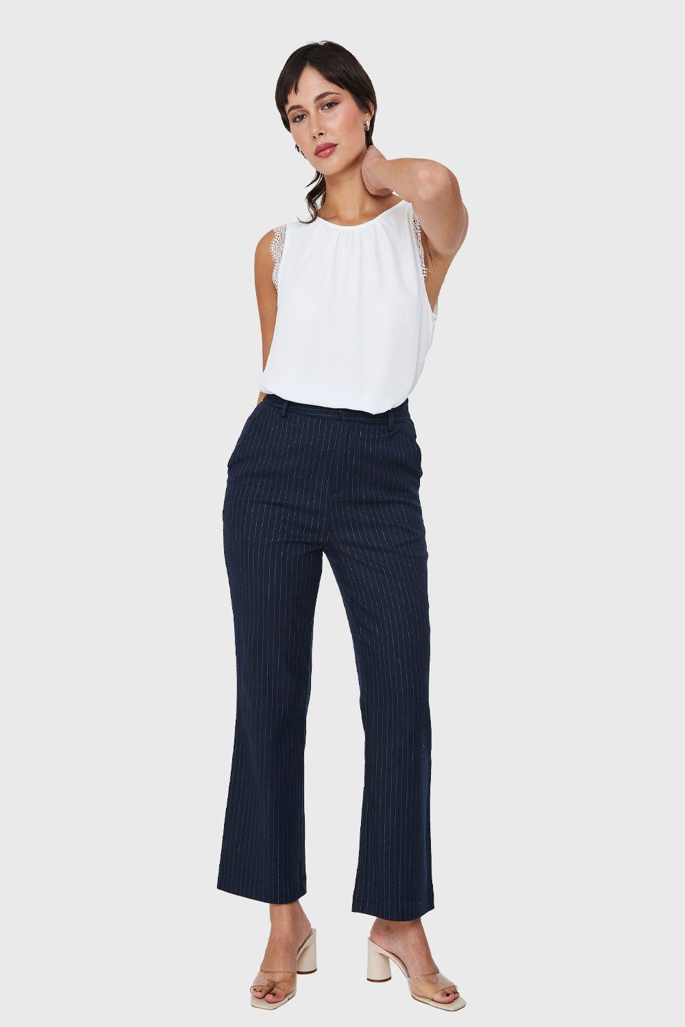 Pantalón Recto Rayas Azul Marino Nicopoly-1