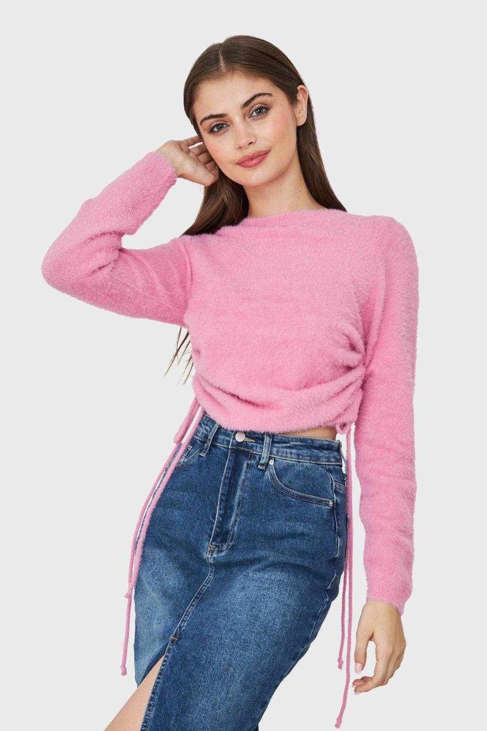 Sweater Peludo Recogido Lateral Rosa Nicopoly-0
