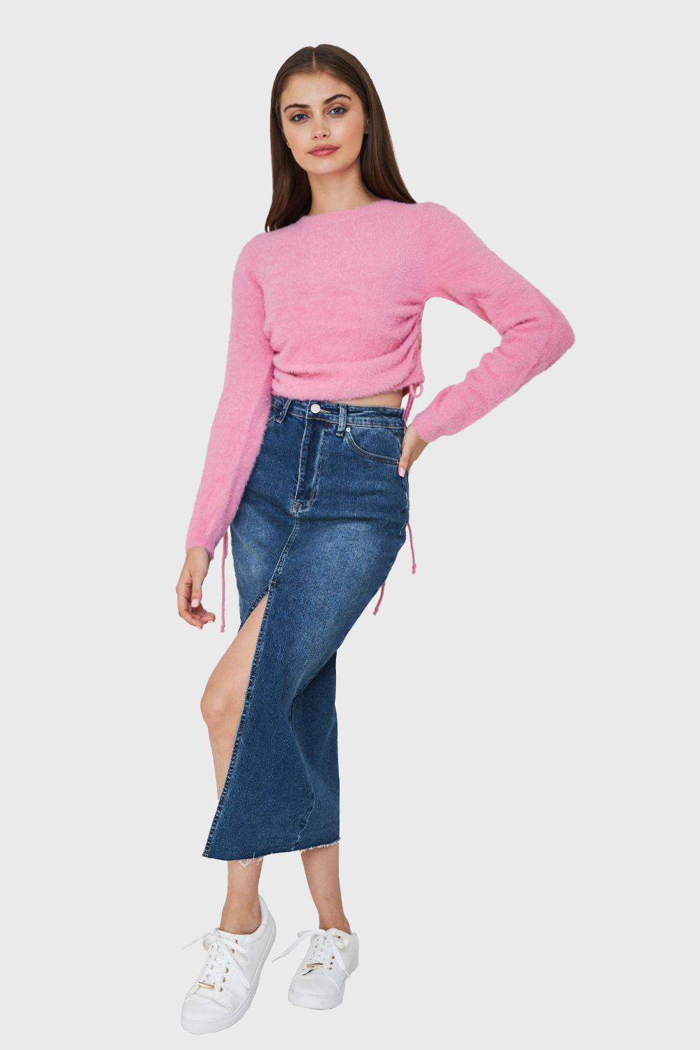 Sweater Peludo Recogido Lateral Rosa Nicopoly-1