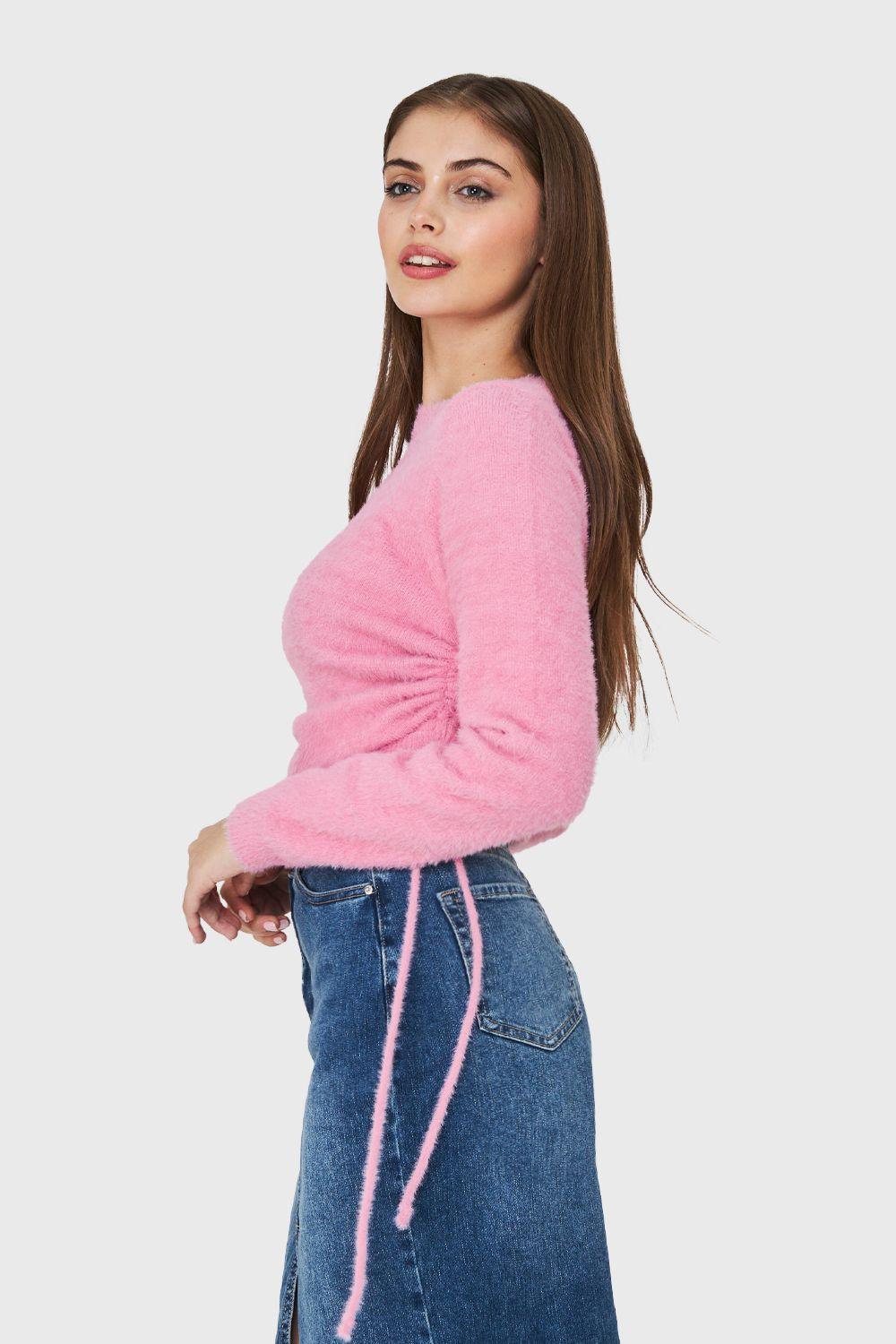 Sweater Peludo Recogido Lateral Rosa Nicopoly-2