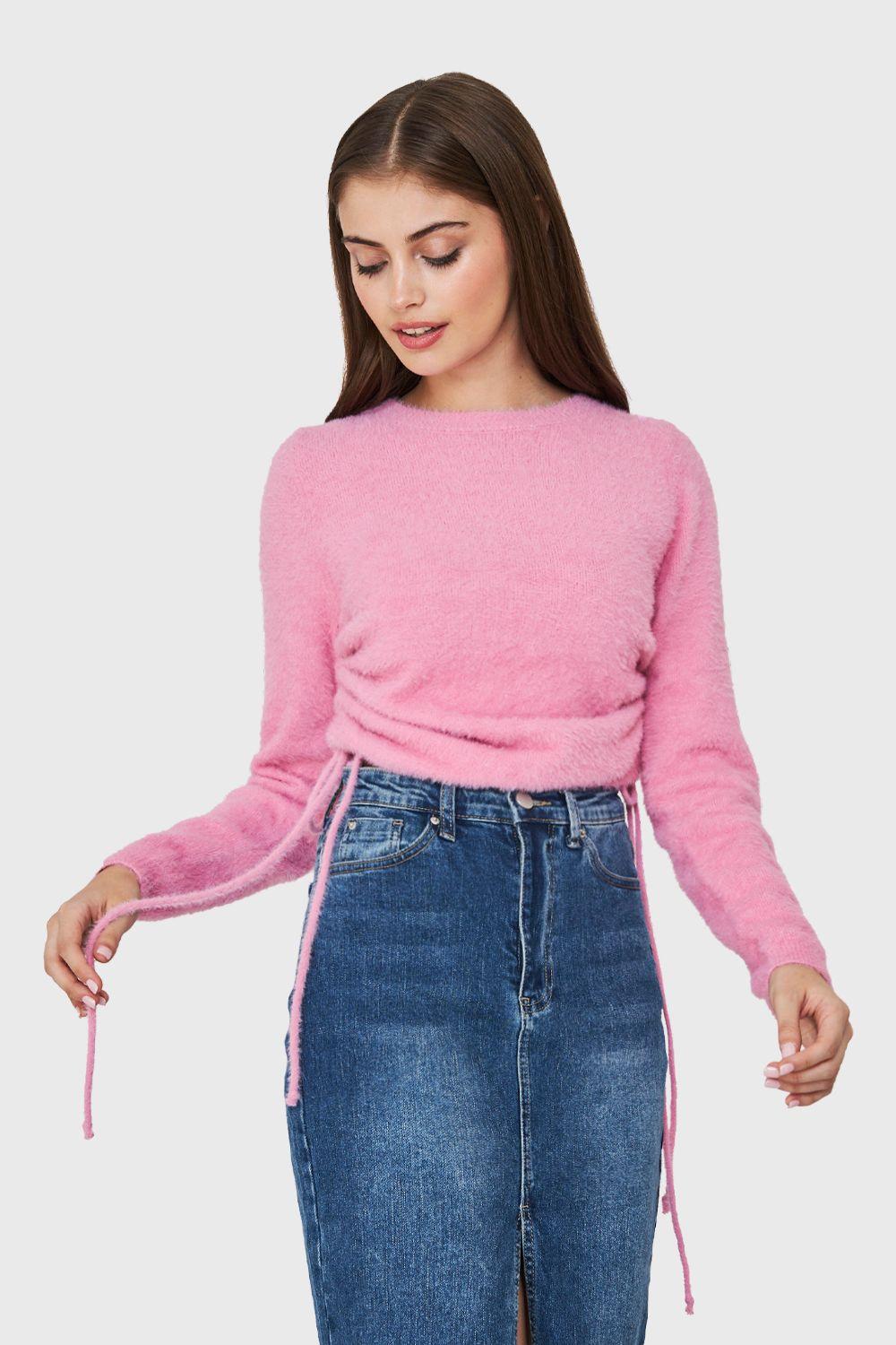 Sweater Peludo Recogido Lateral Rosa Nicopoly-4