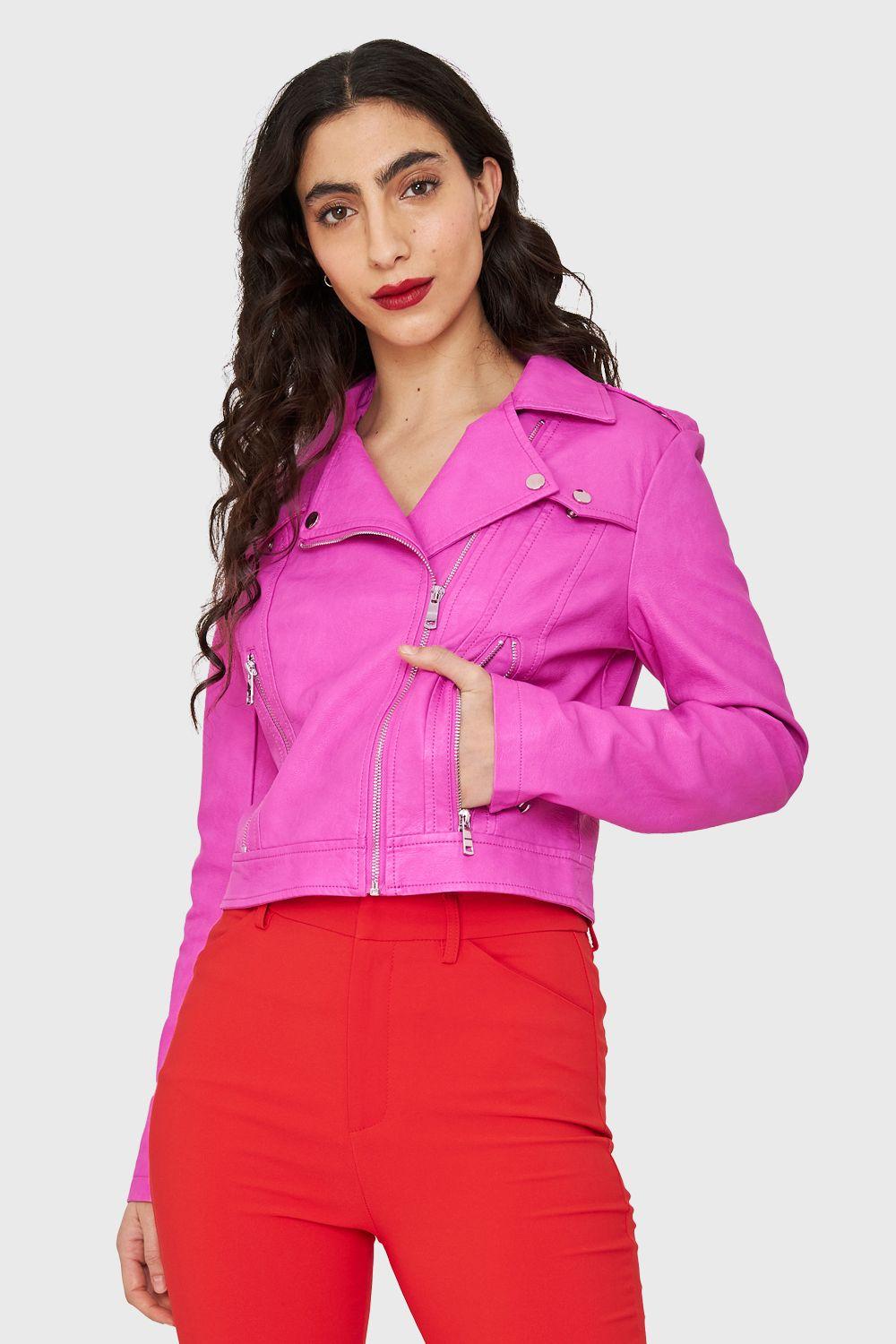 Chaqueta Biker Corta Ecocuero Rosa Chicle Nicopoly-4