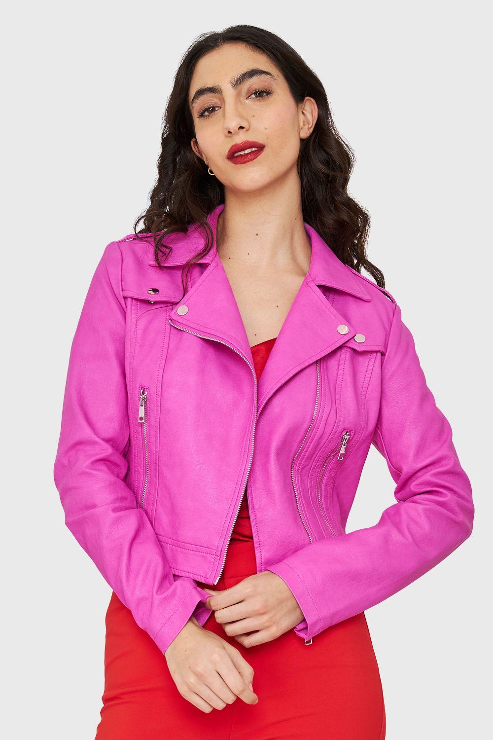 Chaqueta Biker Corta Ecocuero Rosa Chicle Nicopoly-0
