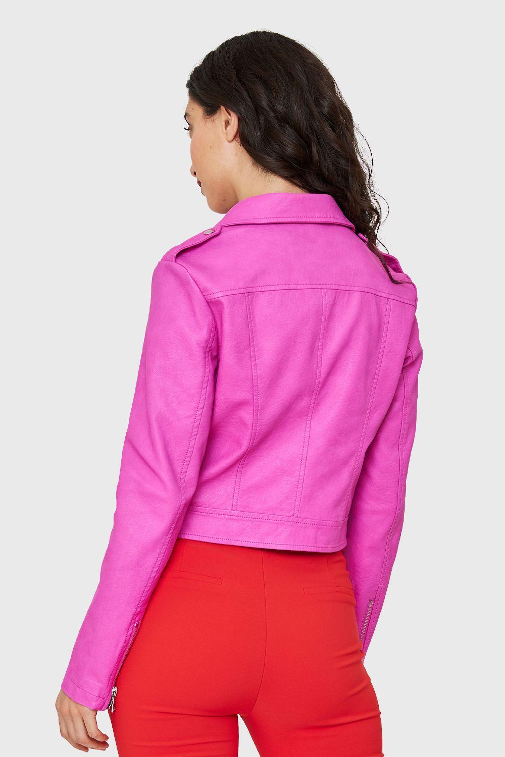 Chaqueta Biker Corta Ecocuero Rosa Chicle Nicopoly-3
