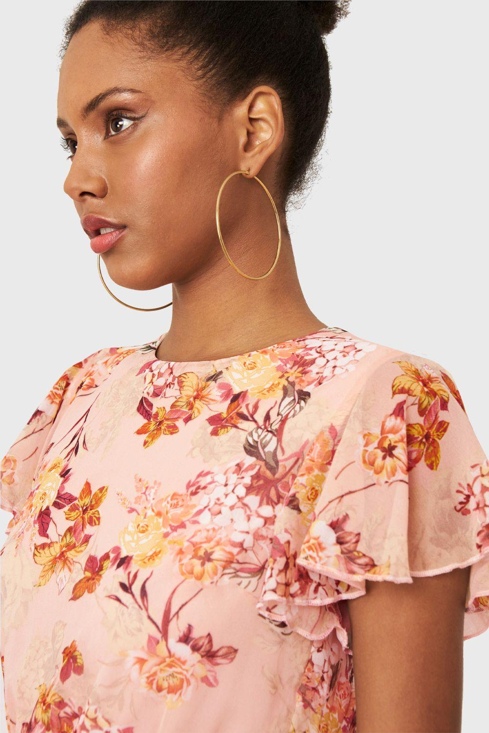 Vestido Floreado Volantes Rosado Nicopoly-5