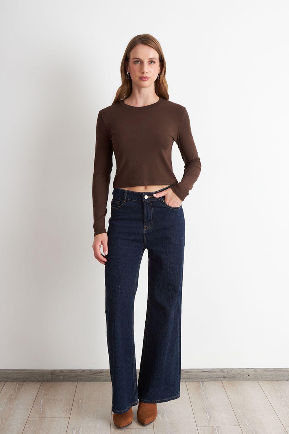 Polera Manga Larga Crop Café Nicopoly-1