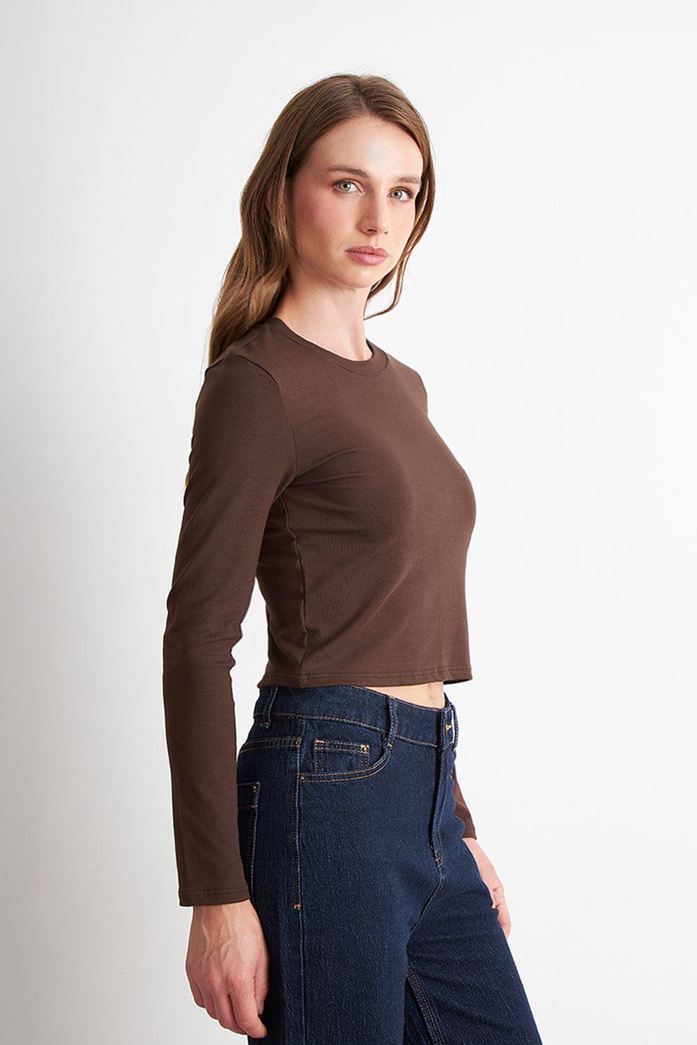 Polera Manga Larga Crop Café Nicopoly-2