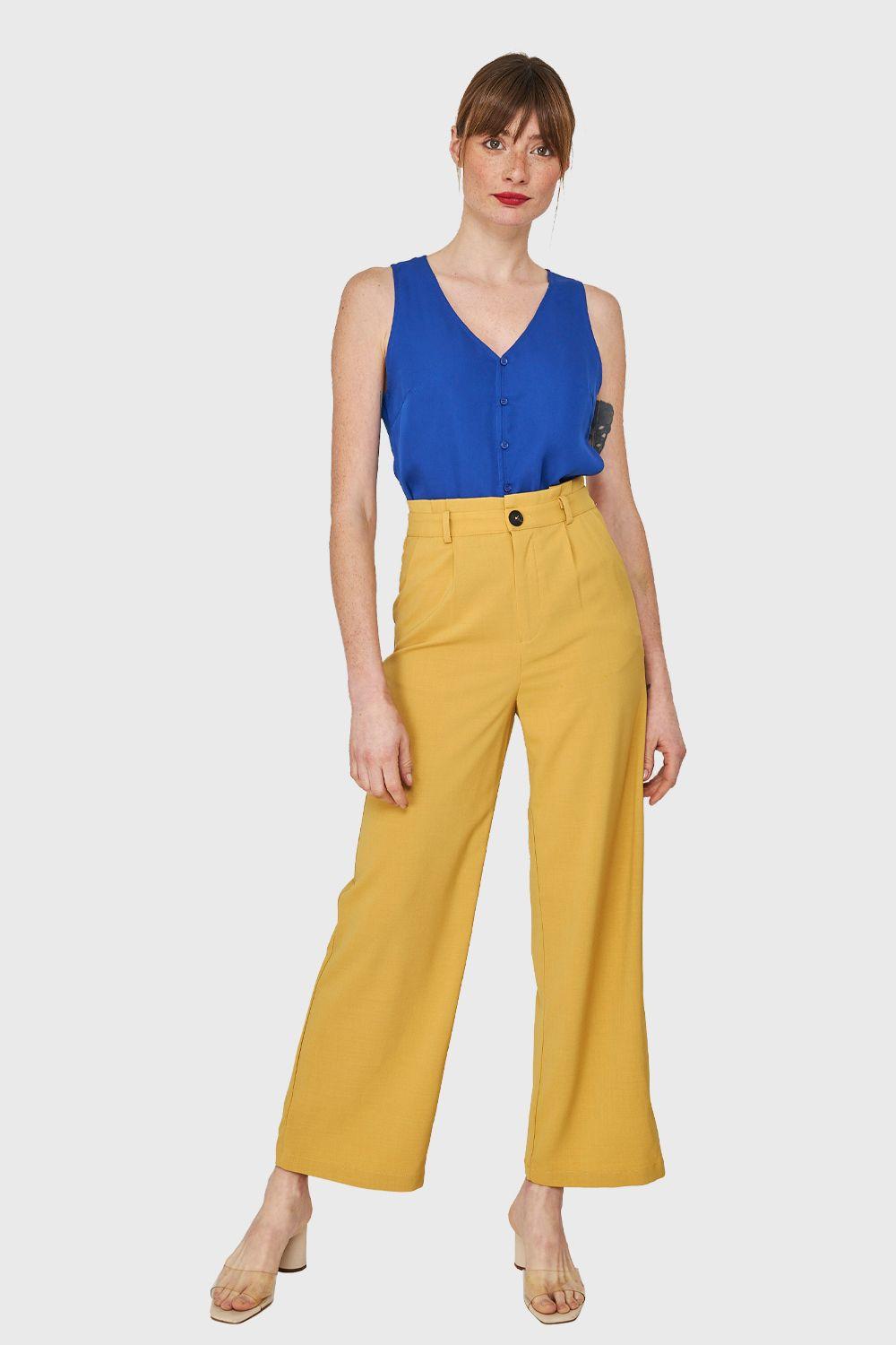 Pantalón Ancho Pinzas Amarillo Nicopoly-1