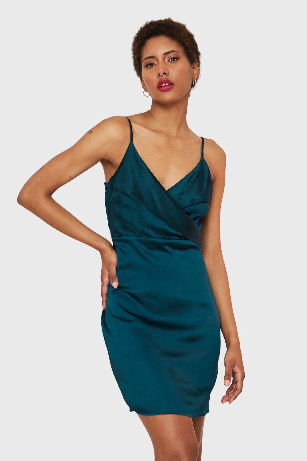 Vestido Corto Tipo Satín Verde Petróleo Nicopoly-0
