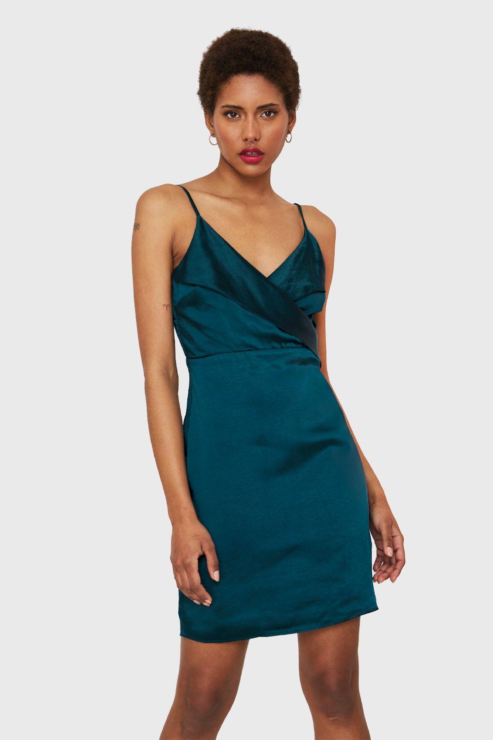 Vestido Corto Tipo Satín Verde Petróleo Nicopoly-4
