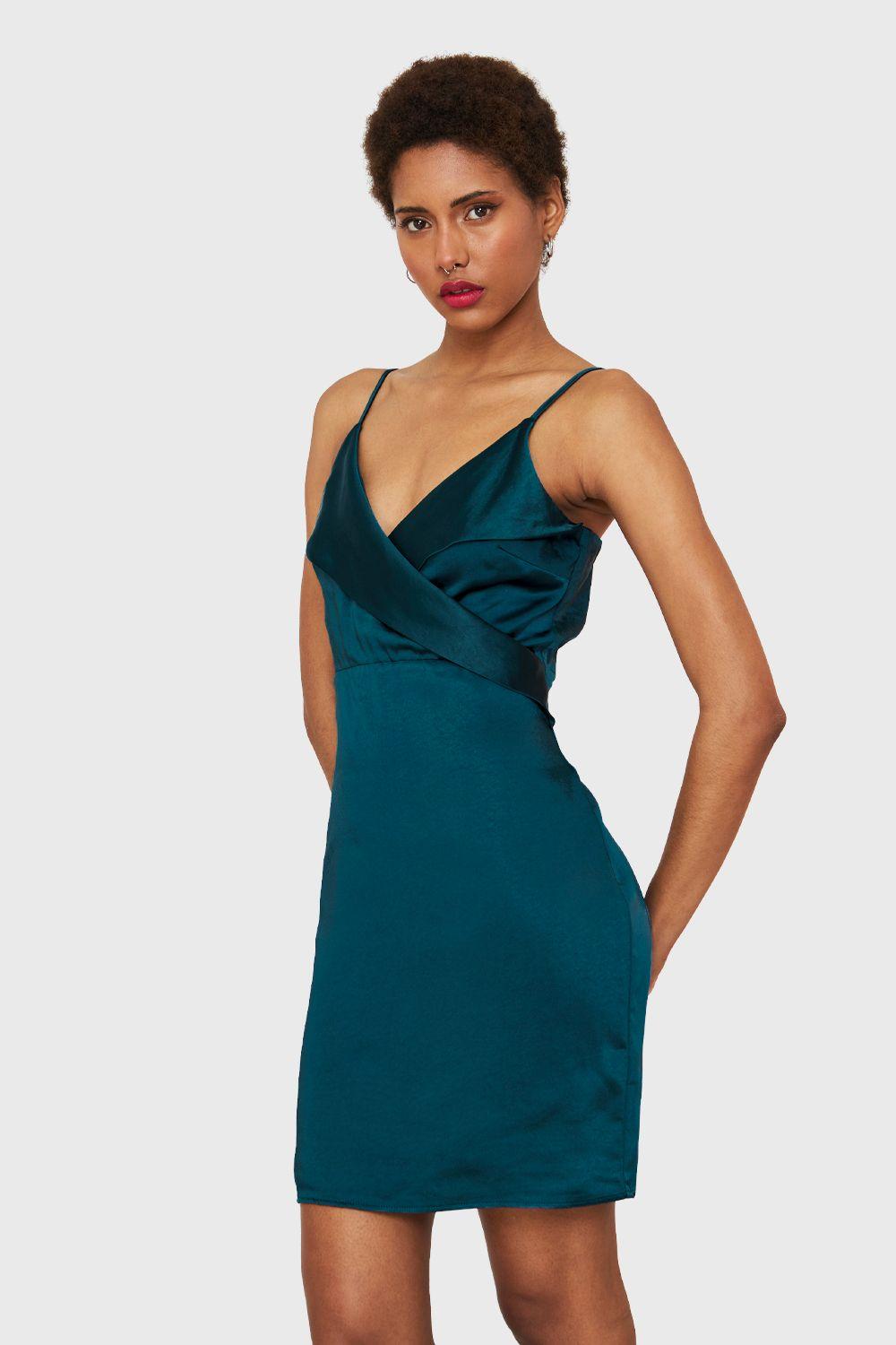 Vestido Corto Tipo Satín Verde Petróleo Nicopoly-2