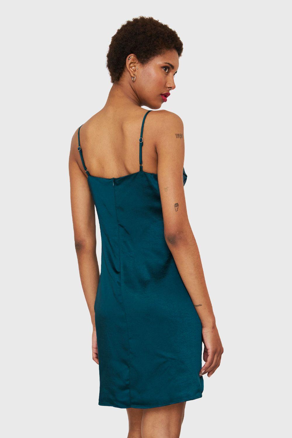 Vestido Corto Tipo Satín Verde Petróleo Nicopoly-3
