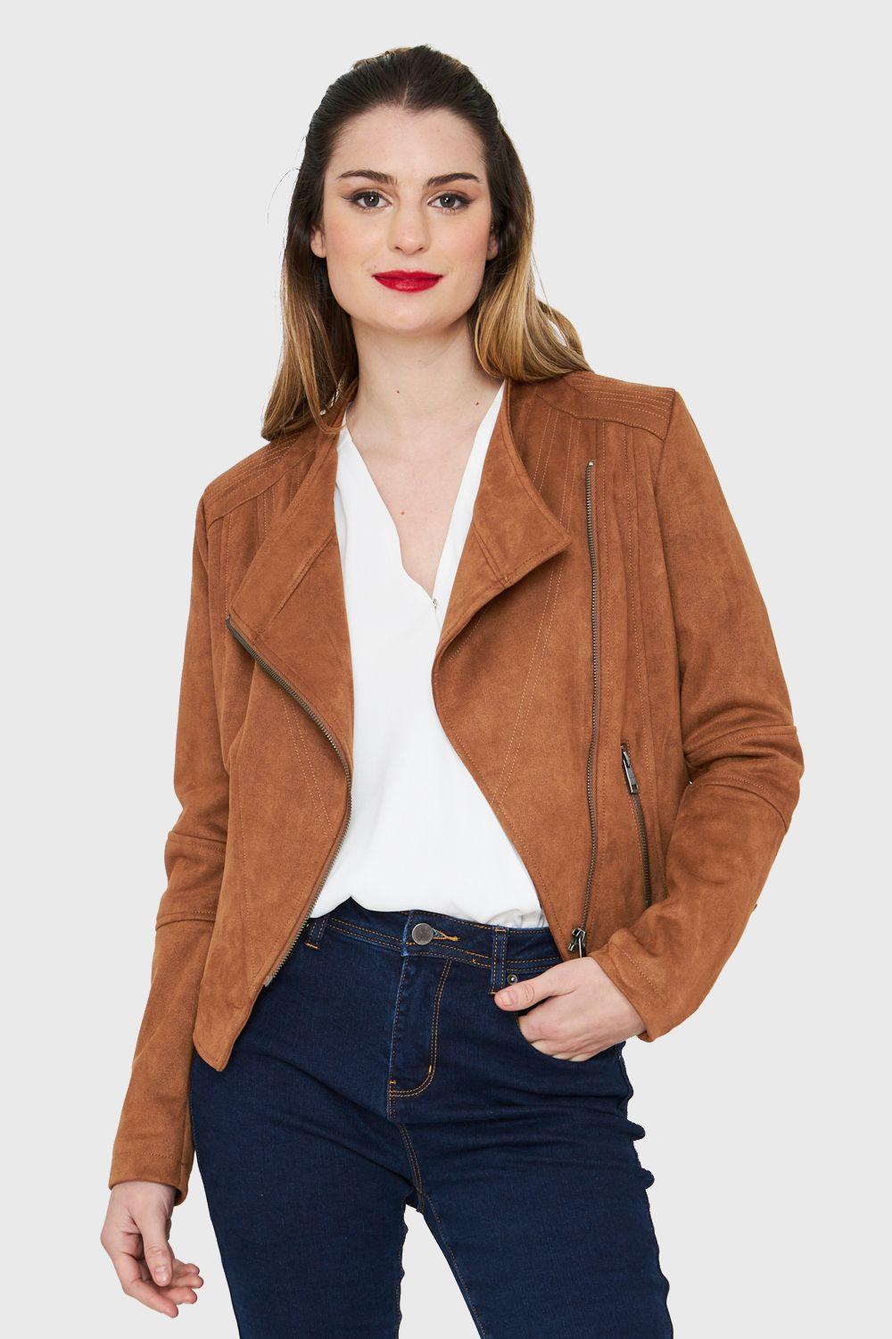 Chaqueta Tipo Gamuza Cierre Diagonal Camel Nicopoly-4