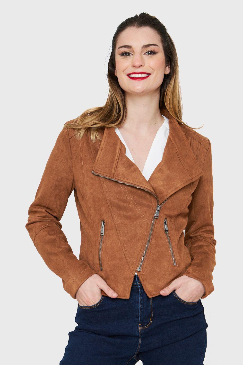 Chaqueta Tipo Gamuza Cierre Diagonal Camel Nicopoly-0