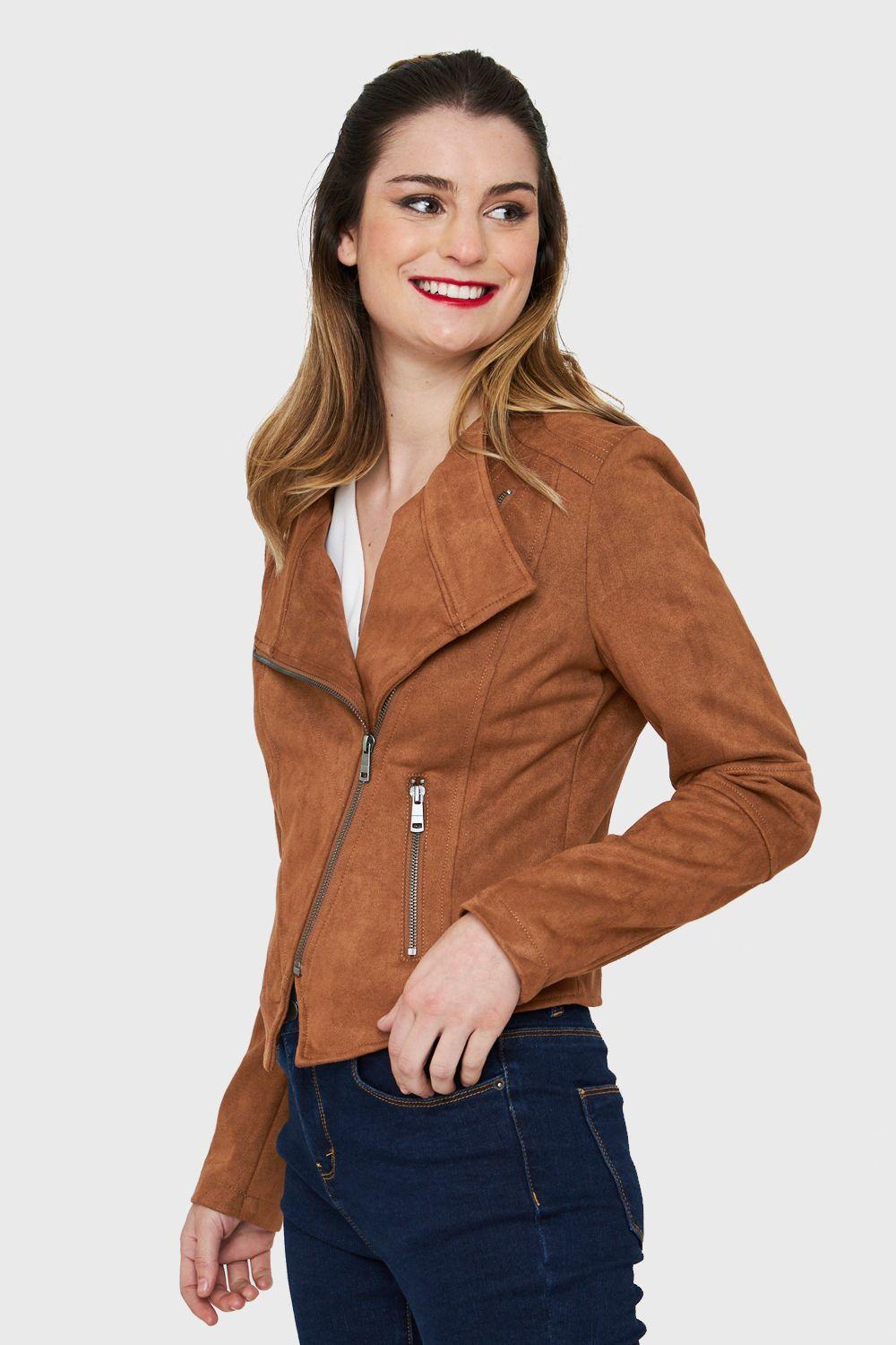 Chaqueta Tipo Gamuza Cierre Diagonal Camel Nicopoly-2