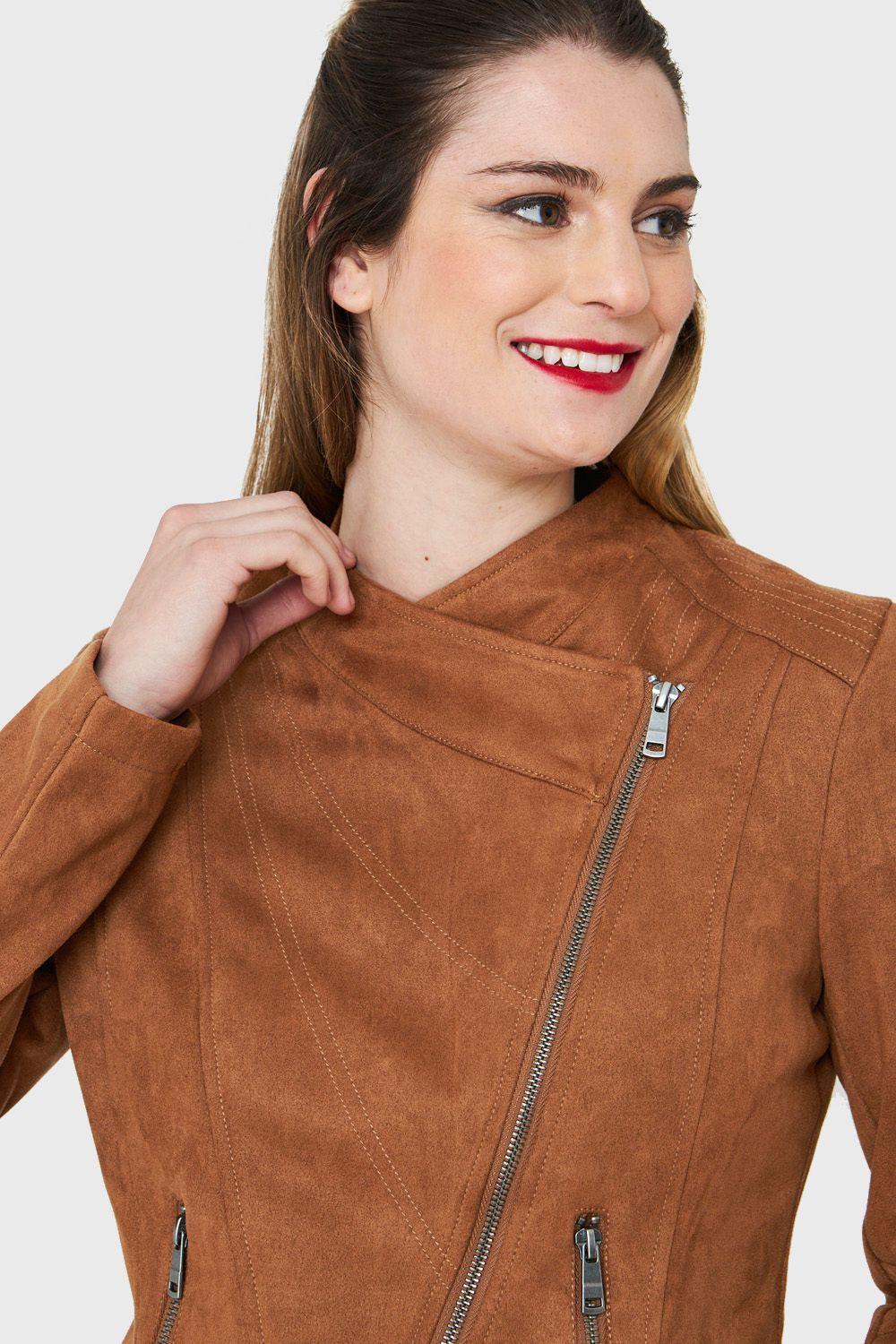 Chaqueta Tipo Gamuza Cierre Diagonal Camel Nicopoly-5