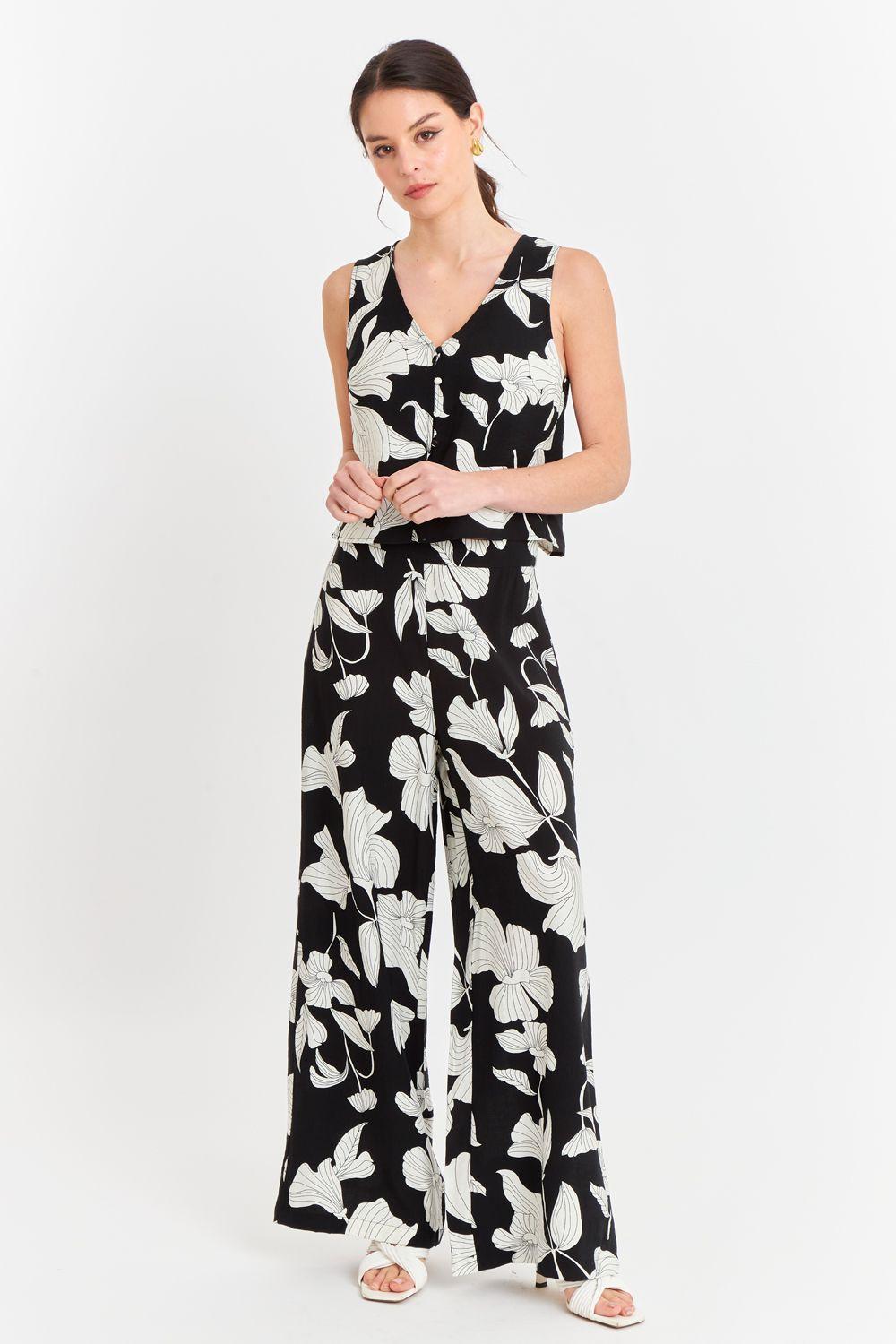 Blusa sin Mangas Negra con Flores Blancas Nicopoly-1
